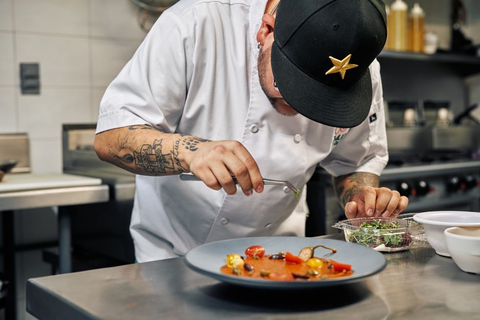 Chef plating gourmet food
